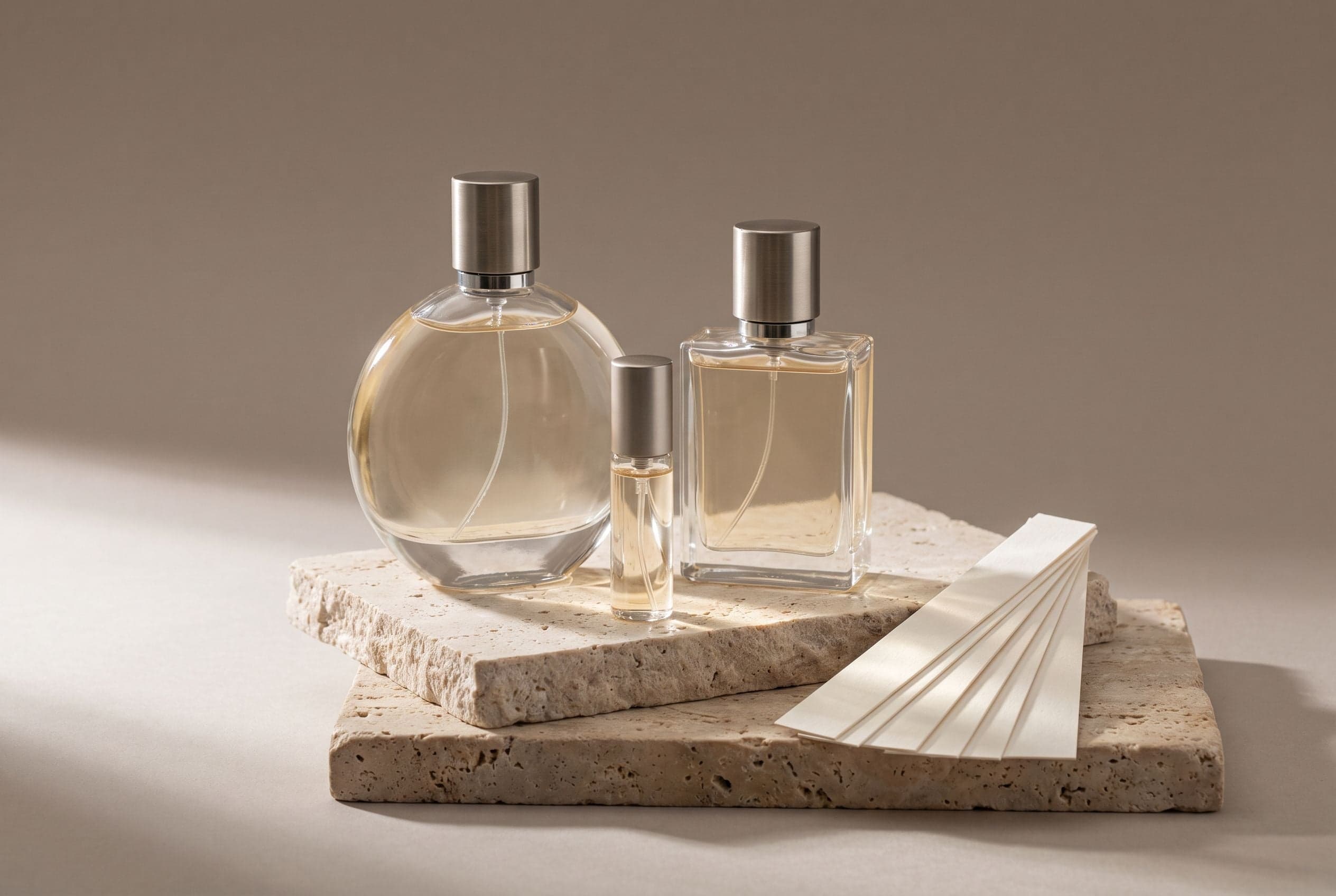 Três frascos de perfume de vidro lisos em tamanhos diferentes ao lado de fitas olfativas em branco sobre travertino