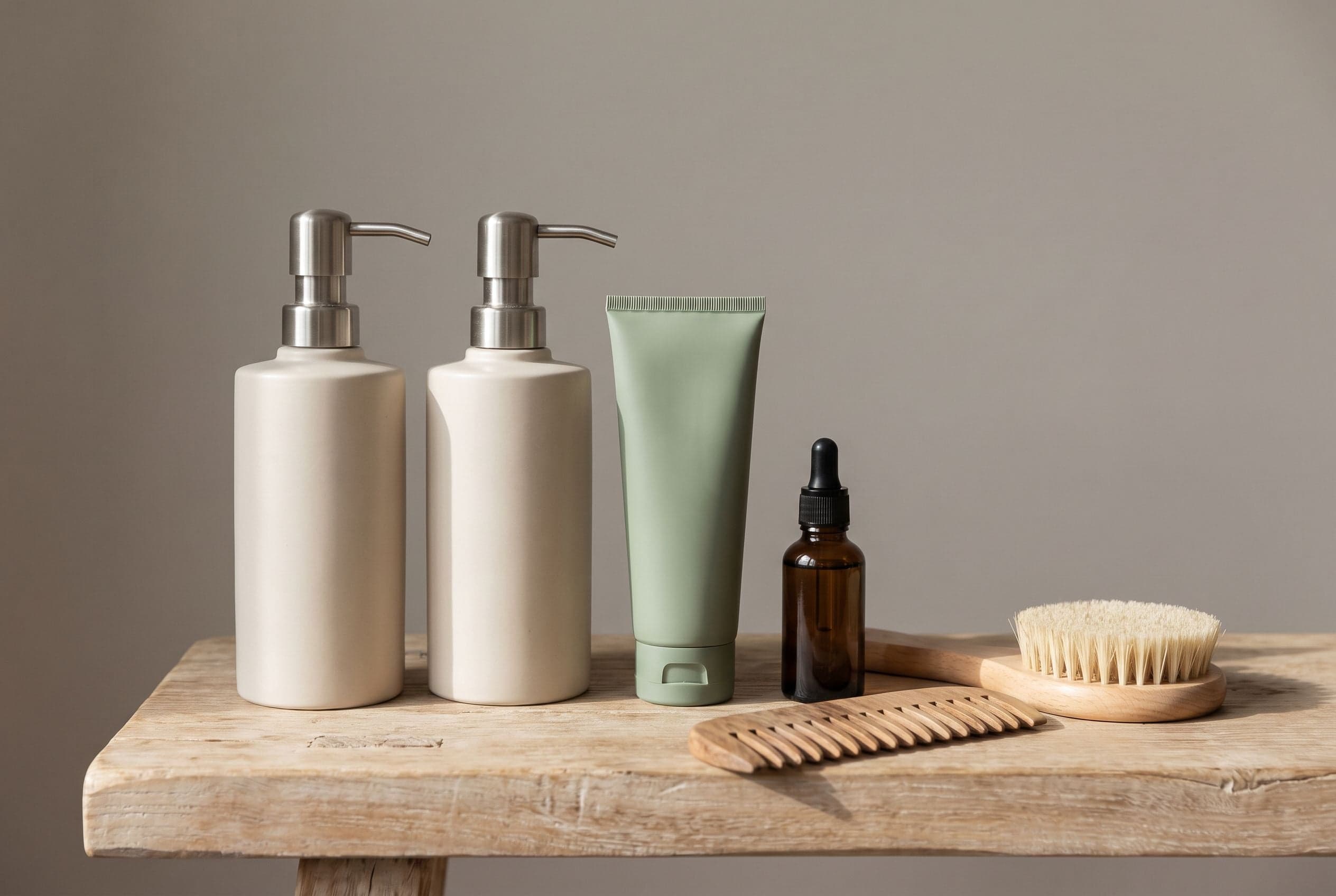 Plain ecru pump bottles, a sage tube, a dropper bottle, a wooden comb and a bristle brush on an oak bench