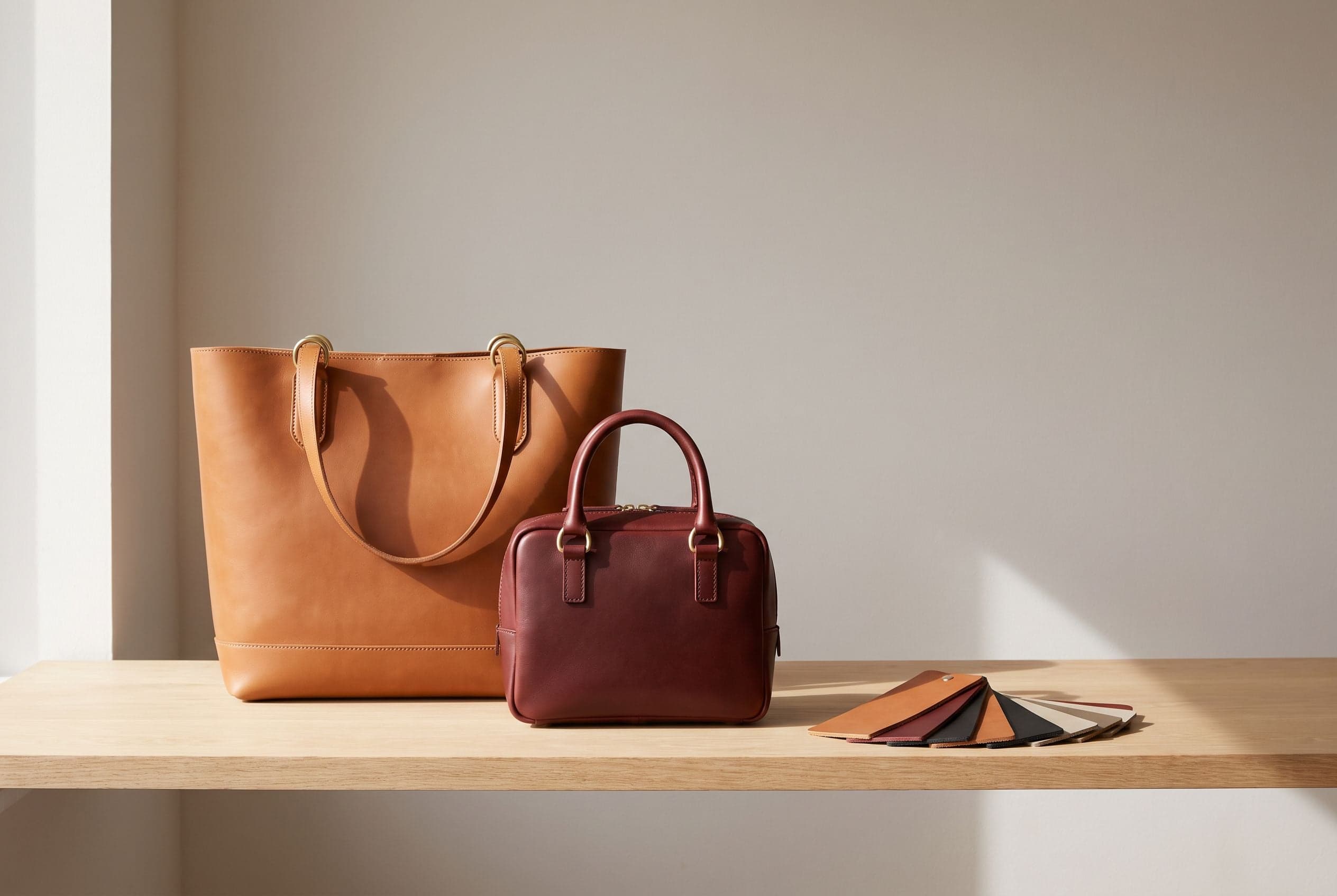 A tan leather tote and an oxblood top-handle bag on an oak shelf beside a fan of leather swatches
