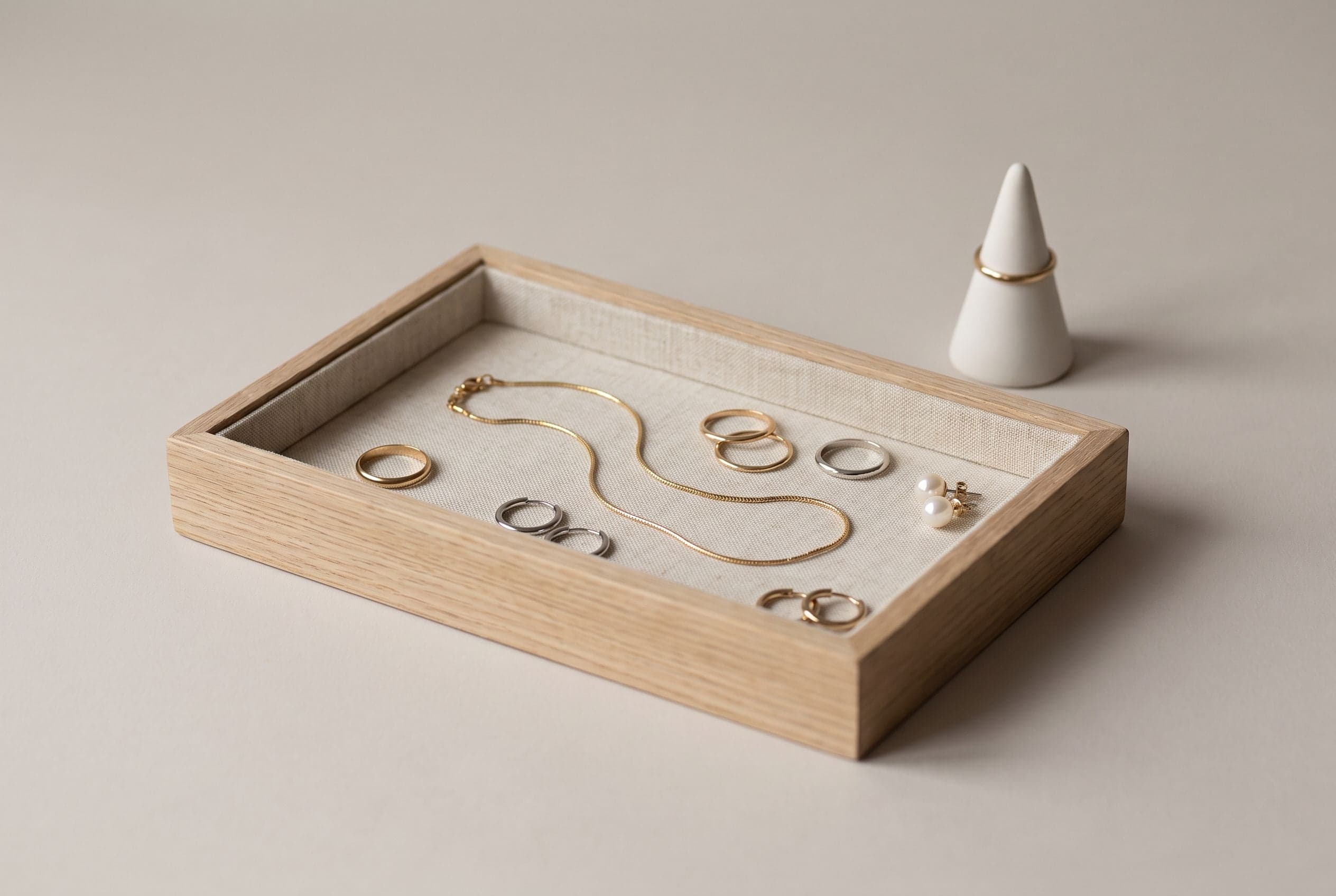 Gold and silver rings, a fine gold chain and small hoops on a linen-lined tray beside a ceramic ring cone