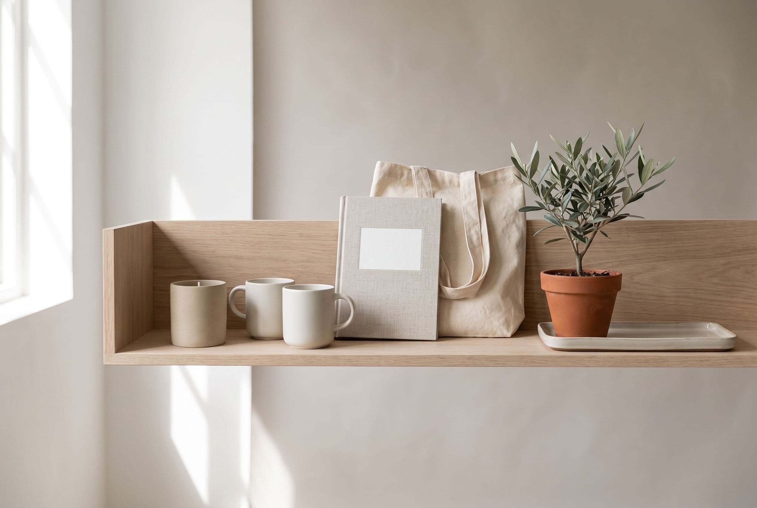 An oak shelf with a candle, two ceramic mugs, a blank notebook, a canvas tote and a small olive plant