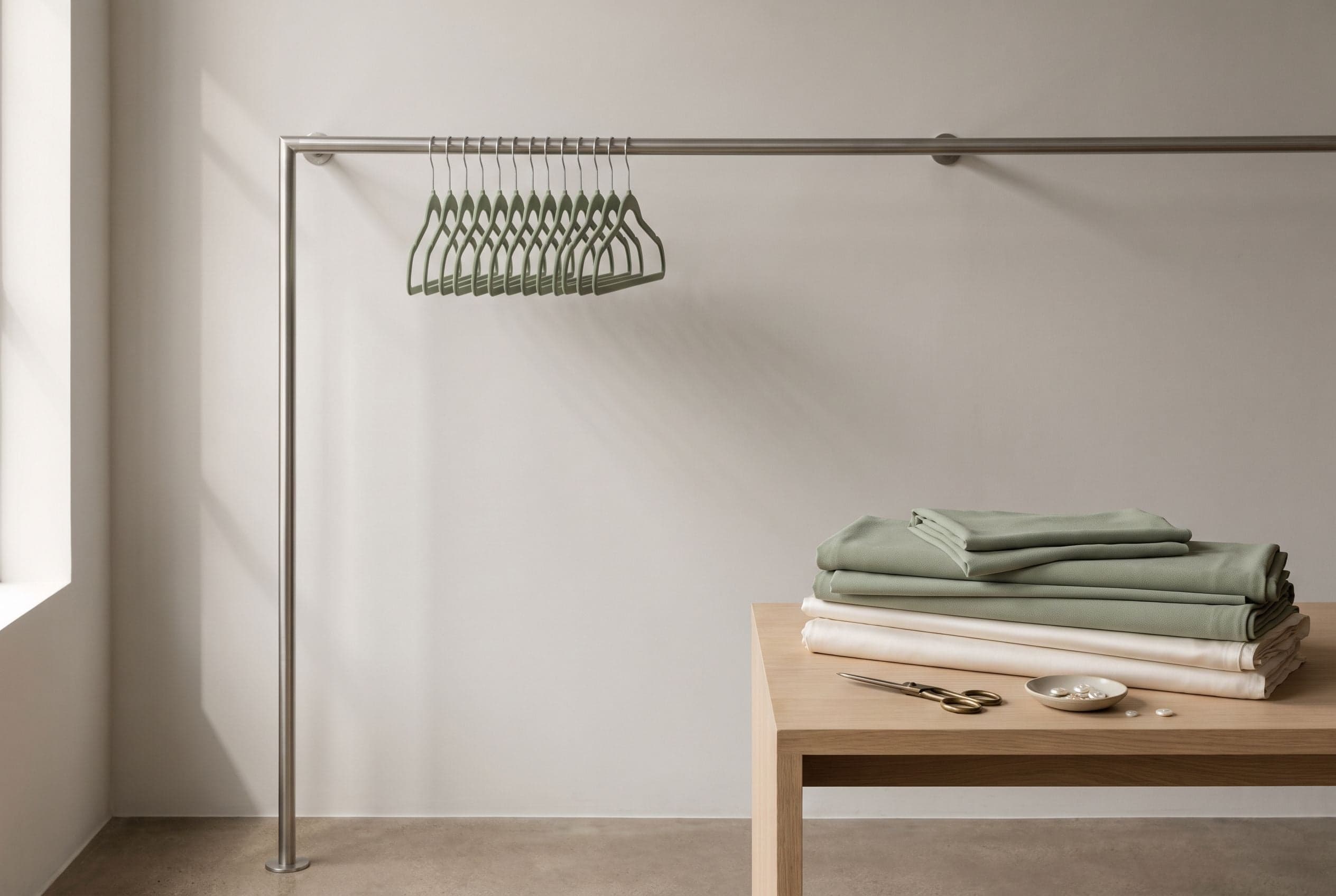 Empty sage velvet hangers on a steel rail beside folded lengths of sage crepe and ecru silk on an oak table