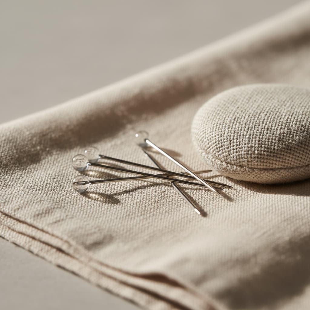Dressmaker pins and a linen pincushion on ecru linen